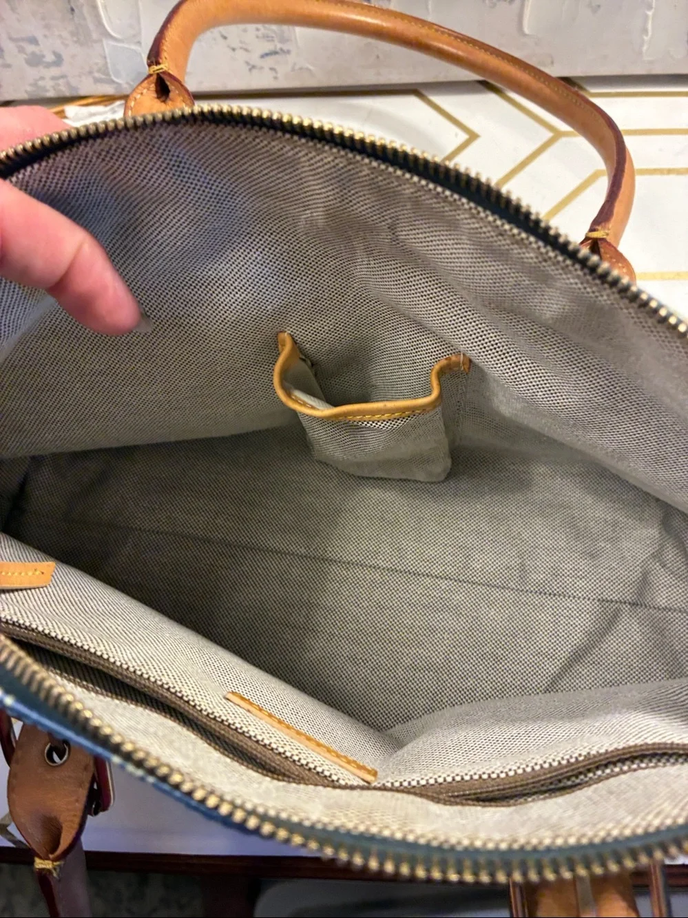EUC Vintage Dooney and Bourke Blue Monogram Satchel with Tan Trim